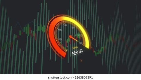 Image of data processing over speedometer. Global business and digital interface concept digitally generated image.