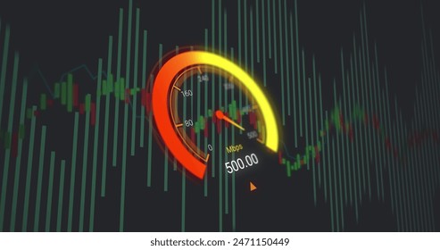 Image of data processing over speedometer. Global business and digital interface concept digitally generated image. - Powered by Shutterstock - Get 15% off with code: PIKWIZARD15