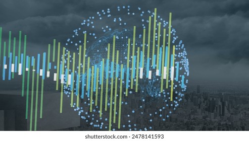 Image of data processing over spinning globe against aerial view of cityscape. Global networking and business technology concept