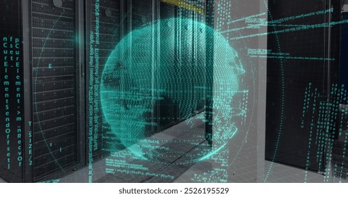 Image of data processing over spinning globe against computer server room. Computer interface and business data storage technology concept