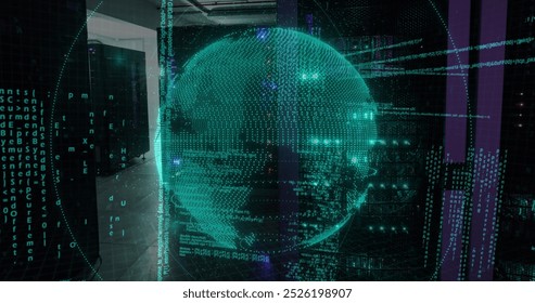 Image of data processing over spinning globe against computer server room. Computer interface and business data storage technology concept