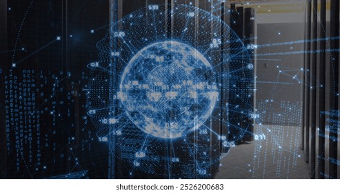 Image of data processing over spinning globe against computer server room. Computer interface and business data storage technology concept