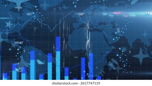 Image of data processing over stars and world map on black background. global technology, computing and digital interface concept digitally generated image.
