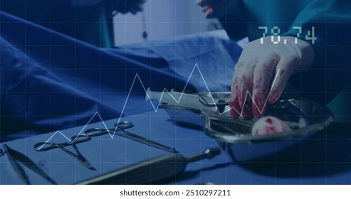 Image of data processing over surgeons in operating theatre. Global medicine, connections, computing and data processing concept digitally generated image.