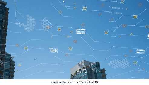 Image of data processing over tall buildings against blue sky. Computer interface and business technology concept