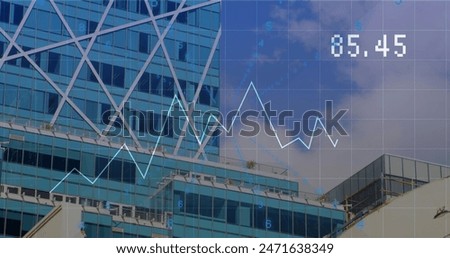 Image of data processing over tall buldings against blue sky. Computer interface and business technology concept