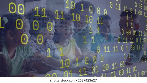 Image of data processing over teacher with diverse schoolchildren. Global education and digital interface concept digitally generated image.