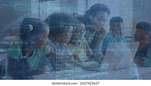 Image of data processing over teacher with diverse schoolchildren. Global education and digital interface concept digitally generated image.