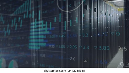 Image of data processing over tech room with computer servers. data processing, cloud computing concept and technology concept digitally generated image.