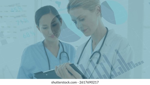 Image of data processing over two diverse female doctors. global science, connections, data processing and digital interface concept digitally generated image.