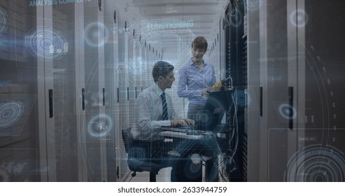 Image of data processing over two caucasian server room workers. Global connections, data processing and digital interface concept digitally generated image.