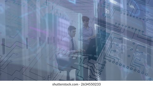 Image of data processing over two caucasian business people. Global business, finances, data processing and digital interface concept digitally generated image.