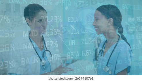 Image of data processing over two diverse doctors. Global medicine, technology, data processing and digital interface concept digitally generated image.