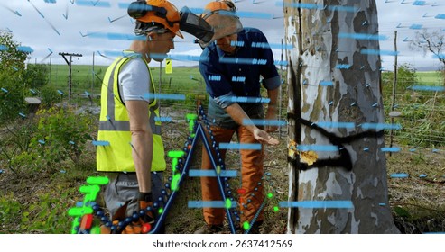 Image of data processing over two lumberjacks. Global connections, data processing and digital interface concept digitally generated image.