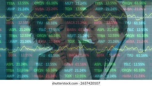 Image of data processing over two diverse doctors. Global medicine, technology, data processing and digital interface concept digitally generated image.