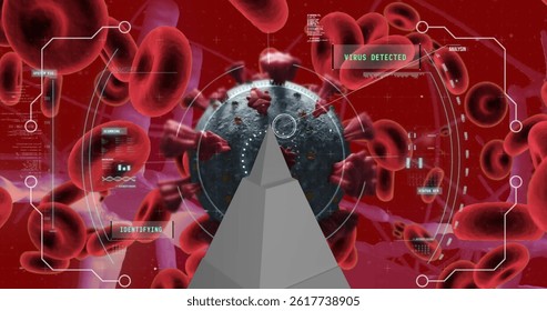 Image of data processing over virus and blood cells. global science, data processing and digital interface concept digitally generated image.