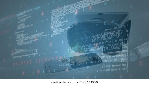 Image of data processing over vr headset and smartphone in background. Digital interface global connection and communication concept digitally generated image.