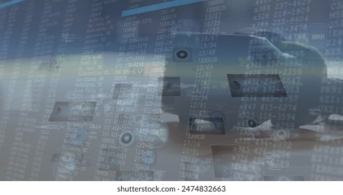Image of data processing over vr headset. global computing, technology and digital interface concept digitally generated image.