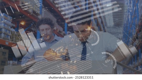 Image of data processing over warehouse worker opening box in shipping centre. global shipping, delivery and online shopping concept digitally generated image.