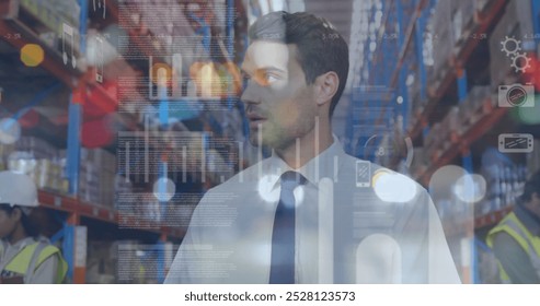 Image of data processing over warehouse worker using tablet in shipping centre. global shipping, delivery and online shopping concept digitally generated image. - Powered by Shutterstock