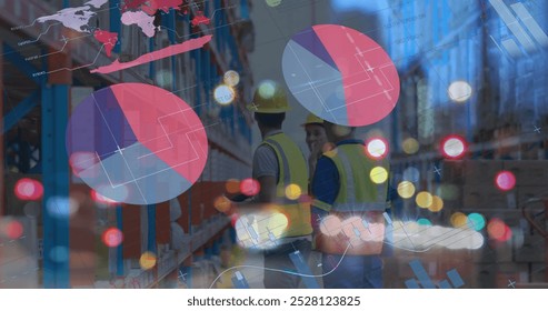 Image of data processing over warehouse workers scanning in shipping centre. global shipping, delivery and online shopping concept digitally generated image.