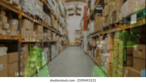 Image of data processing over warehouse. Shopping, technology and digital interface concept digitally generated image.