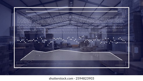 Image of data processing over warehouse. Delivery, shipping, computing and digital interface concept digitally generated image.