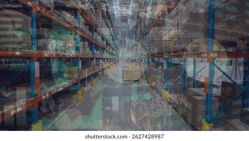Image of data processing over warehouse. Global science, connections, data processing and digital interface concept digitally generated image.