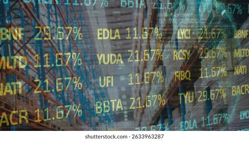 Image of data processing over warehouse. Global business and digital interface concept digitally generated image.