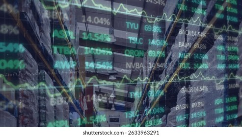 Image of data processing over warehouse. Global shipping delivery and connections concept digitally generated image.
