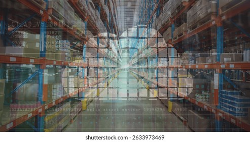 Image of data processing over warehouse. Global business and digital interface concept digitally generated image.