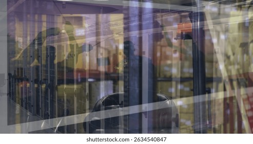 Image of data processing over warehouse and servers. Business, finance, technology and delivery services concept digitally generated image.