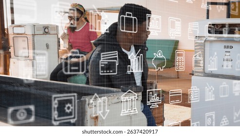 Image of data processing over warehouse. Business finance and delivery services concept digitally generated image.