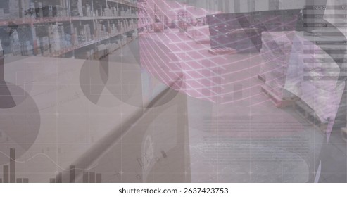 Image of data processing over warehouse. Global business and digital interface concept digitally generated image.