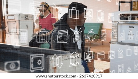 Image of data processing over warehouse. Business finance and delivery services concept digitally generated image.