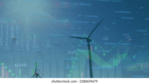 Image of data processing over wind turbines. Global ecology and digital interface concept digitally generated image.
