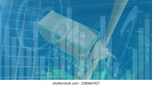 Image of data processing over wind turbine. Global ecology and digital interface concept digitally generated image.