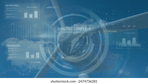 Image of data processing over wind turbine. Global business and digital interface concept digitally generated image. - Powered by Shutterstock - Get 15% off with code: PIKWIZARD15