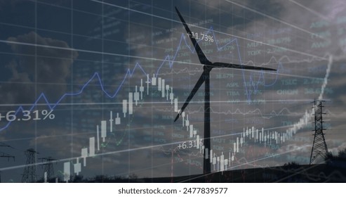 Image of data processing over wind turbine. global business and digital interface concept digitally generated image.