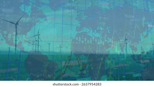 Image of data processing over wind turbines. Global ecology and digital interface concept digitally generated image.