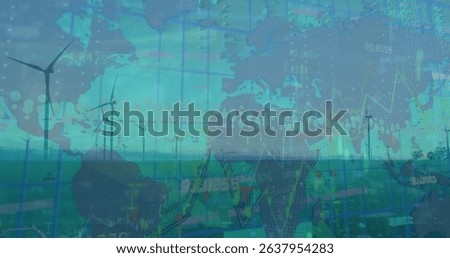 Image of data processing over wind turbines. Global ecology and digital interface concept digitally generated image.