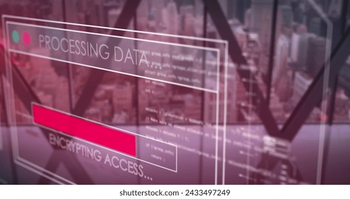 Image of data processing over window and cityscape. Global technology, computing and digital interface concept digitally generated image.