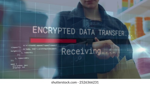 Image of data processing over woman using smartwatch. global technology, connections and digital interface concept digitally generated image.