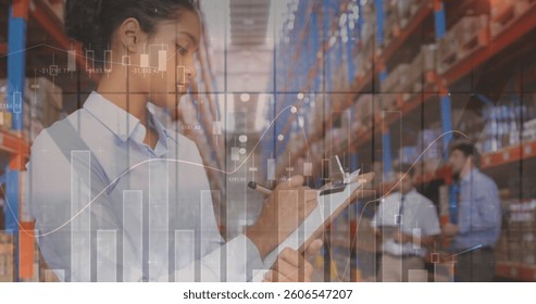 Image of data processing over woman writing on clipboard in warehouse. global shipping, delivery and connections concept digitally generated image.