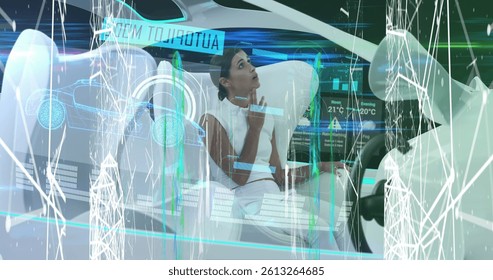 Image of data processing over woman in self drive car. global technology, data processing and digital interface concept digitally generated image.