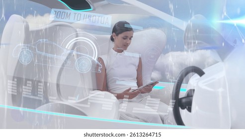 Image of data processing over woman using tablet in self drive car. global technology, data processing and digital interface concept digitally generated image.