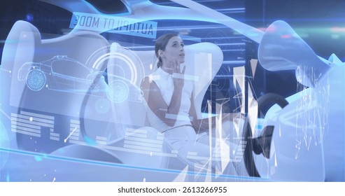 Image of data processing over woman in self drive car. global technology, data processing and digital interface concept digitally generated image.