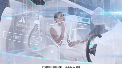 Image of data processing over woman in self drive car. global technology, data processing and digital interface concept digitally generated image.