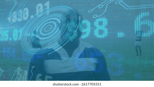 Image of data processing over woman wearing vr headset. Global data processing networks connections and digital interface concept digitally generated image.