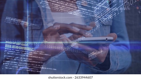 Image of data processing over woman using smartphone. Global medicine healthcare and data processing concept digitally generated image.